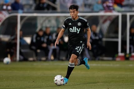 Apr 23, 2022; Commerce City, Colorado, USA; Charlotte FC midfielder Alan Franco (21) controls the ball in the first half against the Colorado Rapids at Dick's Sporting Goods Park. Mandatory Credit: Isaiah J. Downing-USA TODAY Sports