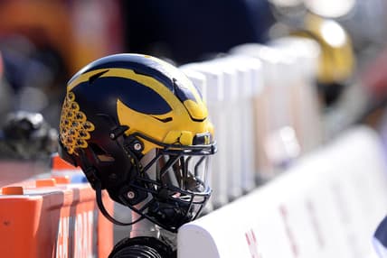 Oct 12, 2019; Champaign, IL, USA; A Michigan Wolverines helmet sits on the back of the bench during the second half of the game against the Illinois Fighting Illini at Memorial Stadium. Mandatory Credit: Michael Allio-USA TODAY Sports
