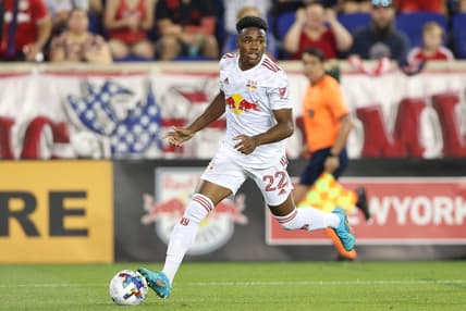 Jun 30, 2022; Harrison, New Jersey, USA; New York Red Bulls forward Serge Ngoma (22) controls the ball against the Atlanta United during the second half at Red Bull Arena. Mandatory Credit: Vincent Carchietta-USA TODAY Sports
