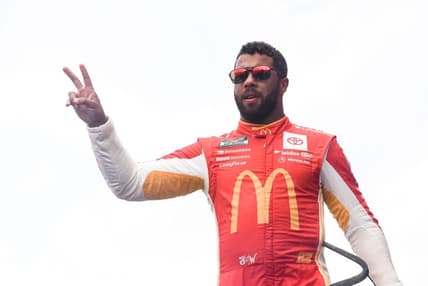 Aug 7, 2022; Brooklyn, Michigan, USA; NASCAR Cup Series driver Bubba Wallace (23) is introduced before the race at Michigan International Speedway. Mandatory Credit: Tim Fuller-USA TODAY Sports