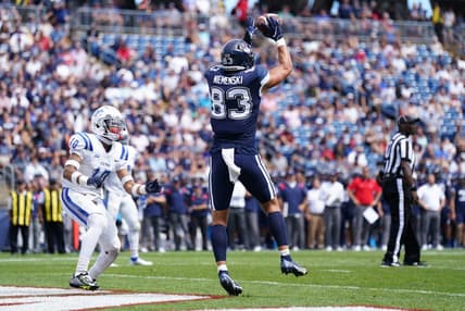 Sep 3, 2022; East Hartford, Connecticut, USA; Connecticut Huskies tight end Brandon Niemenski (83) makes the touchdown catch against the Central Connecticut State Blue Devils in the second quarter at Rentschler Field at Pratt & Whitney Stadium. Mandatory Credit: David Butler II-USA TODAY Sports