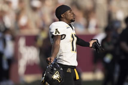 Sep 10, 2022; College Station, Texas, USA; Appalachian State Mountaineers defensive back Isaac Johnson (17) celebrates the win against the Texas A&M Aggies  at Kyle Field. Appalachian State Mountaineers won 17 to 14. Mandatory Credit: Thomas Shea-USA TODAY Sports