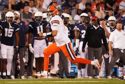 Sep 10, 2022; East Hartford, Connecticut, USA; Syracuse Orange quarterback Garrett Shrader (6) run the ball against the Connecticut Huskies in the second quarter at Rentschler Field at Pratt & Whitney Stadium. Mandatory Credit: David Butler II-USA TODAY Sports