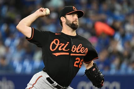 Sep 16, 2022; Toronto, Ontario, CAN;  Baltimore Orioles starting pitcher Jordan Lyles (28) delivers a pitch against the Toronto Blue Jays in the first inning at Rogers Centre. Mandatory Credit: Dan Hamilton-USA TODAY Sports