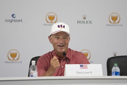 Sep 20, 2022; Charlotte, North Carolina, USA; Team USA captain Davis Love III smiles while addressing the media in a press conference during a practice day for the Presidents Cup golf tournament at Quail Hollow Club. Mandatory Credit: Kyle Terada-USA TODAY Sports