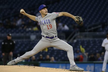 Sep 22, 2022; Pittsburgh, Pennsylvania, USA; Chicago Cubs starting pitcher Hayden Wesneski (19) delivers a pitch against the Pittsburgh Pirates during the first inning at PNC Park. Mandatory Credit: Charles LeClaire-USA TODAY Sports