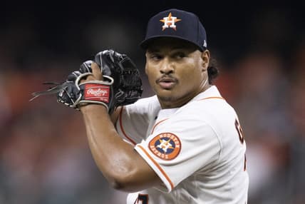 Sep 27, 2022; Houston, Texas, USA; Houston Astros starting pitcher Luis Garcia (77) pitches against the Arizona Diamondbacks in the second inning at Minute Maid Park. Mandatory Credit: Thomas Shea-USA TODAY Sports