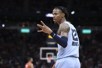 Oct 21, 2022; Houston, Texas, USA; Memphis Grizzlies guard Ja Morant (12) reacts after a play during the fourth quarter against the Houston Rockets at Toyota Center. Mandatory Credit: Troy Taormina-USA TODAY Sports