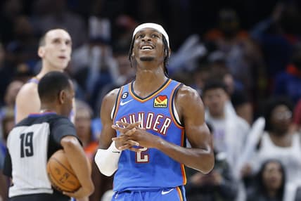 Nov 1, 2022; Oklahoma City, Oklahoma, USA; Oklahoma City Thunder guard Shai Gilgeous-Alexander (2) looks at the scoreboard during a time out against the Orlando Magic during the second half at Paycom Center. Oklahoma City won 116-108. Mandatory Credit: Alonzo Adams-USA TODAY Sports
