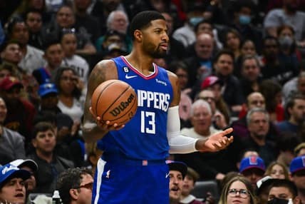 Nov 7, 2022; Los Angeles, California, USA; Los Angeles Clippers guard Paul George (13) in the second quarter against the Cleveland Cavaliers at Crypto.com Arena. Mandatory Credit: Richard Mackson-USA TODAY Sports