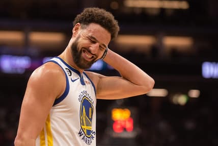 Nov 13, 2022; Sacramento, California, USA; Golden State Warriors guard Klay Thompson (11) reacts to a missed shot during the fourth quarter against the Sacramento Kings at Golden 1 Center. Mandatory Credit: Ed Szczepanski-USA TODAY Sports