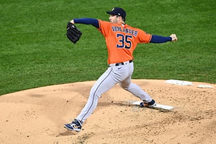 Nov 3, 2022; Philadelphia, Pennsylvania, USA; Houston Astros starting pitcher Justin Verlander (35) pitches against the Philadelphia Phillies during the second inning in game five of the 2022 World Series at Citizens Bank Park. Mandatory Credit: Kyle Ross-USA TODAY Sports