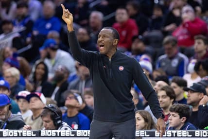 Dec 21, 2022; Philadelphia, Pennsylvania, USA; Detroit Pistons head coach Dwane Casey reacts during the second quarter at Wells Fargo Center. Mandatory Credit: Bill Streicher-USA TODAY Sports
