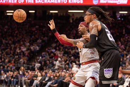 Dec 27, 2022; Sacramento, California, USA; Denver Nuggets guard Kentavious Caldwell-Pope (5) receives a pass during the second quarter against Sacramento Kings center Richaun Holmes (22) at Golden 1 Center. Mandatory Credit: Ed Szczepanski-USA TODAY Sports