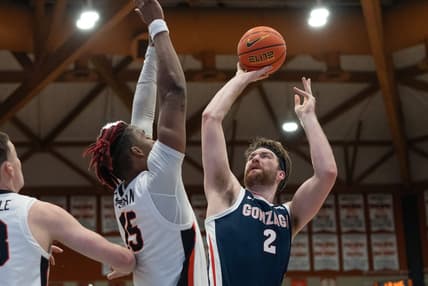 Jan 21, 2023; Stockton, California, USA;  Gonzaga Bulldogs forward Drew Timme (2) attempts to shoot over Pacific Tigers forward Sam Freeman (15) during the first half at Alex G. Spanos Center. Mandatory Credit: Stan Szeto-USA TODAY Sports