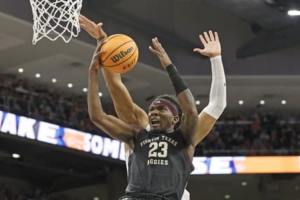 Jan 25, 2023; Auburn, Alabama, USA;  Texas A&M Aggies guard Tyrece Radford (23) goes up for a shot against the Auburn Tigers during the first half at Neville Arena. Redford scored 30 points in the victory over Auburn. Mandatory Credit: John Reed-USA TODAY Sports