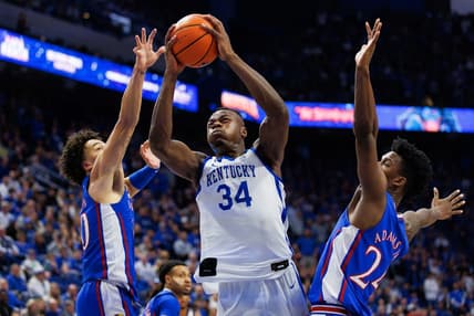 Jan 28, 2023; Lexington, Kentucky, USA; Kentucky Wildcats forward Oscar Tshiebwe (34) goes to the basket during the second half against the Kansas Jayhawks at Rupp Arena at Central Bank Center. Mandatory Credit: Jordan Prather-USA TODAY Sports