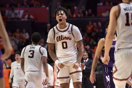 Feb 23, 2023; Champaign, Illinois, USA; Illinois Fighting Illini guard Terrence Shannon Jr. (0) reacts after scoring during the second half against the Northwestern Wildcats at State Farm Center. Mandatory Credit: Ron Johnson-USA TODAY Sports
