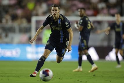 Mar 4, 2023; Fort Lauderdale, Florida, USA;  Philadelphia Union midfielder Daniel Gazdag (10) controls the ball in the first half against the Inter Miami CF at DRV PNK Stadium. Mandatory Credit: Sam Navarro-USA TODAY Sports