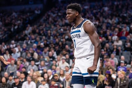 Mar 4, 2023; Sacramento, California, USA; Minnesota Timberwolves guard Anthony Edwards (1) reacts after scoring during the second quarter against the Sacramento Kings at Golden 1 Center. Mandatory Credit: Ed Szczepanski-USA TODAY Sports