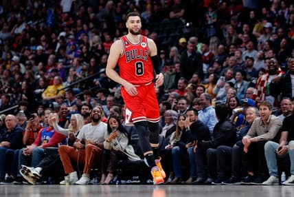 Mar 8, 2023; Denver, Colorado, USA; Chicago Bulls guard Zach LaVine (8) reacts after a play in the fourth quarter against the Denver Nuggets at Ball Arena. Mandatory Credit: Isaiah J. Downing-USA TODAY Sports