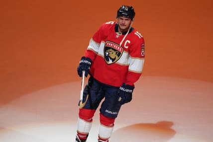 Mar 18, 2023; Sunrise, Florida, USA;  Florida Panthers center Aleksander Barkov (16) is recognized as one of the stars of the game following the 4-2 victory over th eNew Jersey Devils at FLA Live Arena. Mandatory Credit: Jim Rassol-USA TODAY Sports