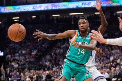 Apr 2, 2023; Sacramento, California, USA; San Antonio Spurs guard Blake Wesley (14) passes the ball during the first quarter against the Sacramento Kings at Golden 1 Center. Mandatory Credit: Ed Szczepanski-USA TODAY Sports
