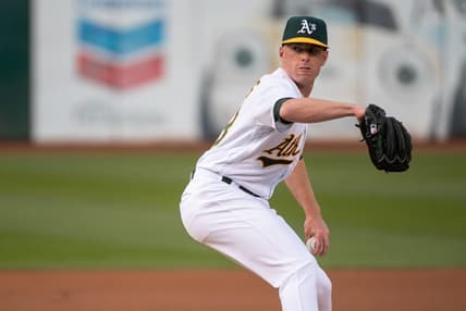 Apr 4, 2023; Oakland, California, USA; Oakland Athletics starting pitcher JP Sears (38) throws a pitch during the first inning against the Cleveland Guardians at RingCentral Coliseum. Mandatory Credit: Ed Szczepanski-USA TODAY Sports