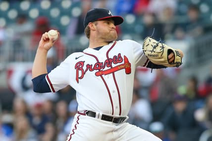 Apr 10, 2023; Atlanta, Georgia, USA; Atlanta Braves starting pitcher Bryce Elder (55) throws against the Cincinnati Reds in the first inning at Truist Park. Mandatory Credit: Brett Davis-USA TODAY Sports