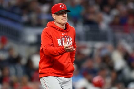 Apr 11, 2023; Atlanta, Georgia, USA; Cincinnati Reds manager David Bell (25) makes a pitching change against the Atlanta Braves in the fifth inning at Truist Park. Mandatory Credit: Brett Davis-USA TODAY Sports