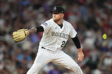 Apr 11, 2023; Denver, Colorado, USA; Colorado Rockies starting pitcher Kyle Freeland (21) delvers a pitch in the fifth inning against the St. Louis Cardinals at Coors Field. Mandatory Credit: Ron Chenoy-USA TODAY Sports