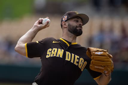 Mar 6, 2023; Phoenix, Arizona, USA; San Diego Padres pitcher Nick Martinez against the Los Angeles Dodgers during a spring training game at Camelback Ranch-Glendale. Mandatory Credit: Mark J. Rebilas-USA TODAY Sports