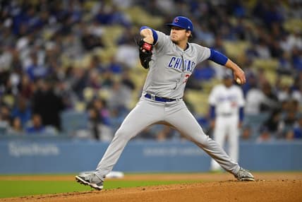 Apr 14, 2023; Los Angeles, California, USA;  Chicago Cubs starting pitcher Justin Steele (35) throws to the plate in the first inning against the Los Angeles Dodgers at Dodger Stadium. Mandatory Credit: Jayne Kamin-Oncea-USA TODAY Sports