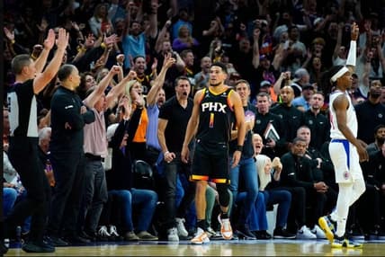 Suns fans react to Devin Booker's 3 right before halftime that tied Game 2 vs. the Clippers,  59-59.

Bookerx
