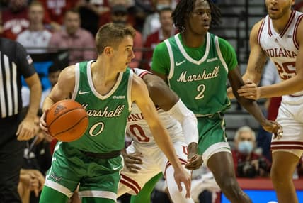 Nov 27, 2021; Bloomington, Indiana, USA; Marshall Thundering Herd guard Andrew Taylor (0) dribbles the ball in the first half against the Indiana Hoosiers at Simon Skjodt Assembly Hall. Mandatory Credit: Trevor Ruszkowski-USA TODAY Sports