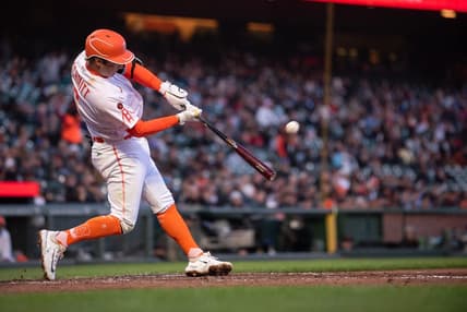 May 9, 2023; San Francisco, California, USA; San Francisco Giants short stop Casey Schmitt (6) hits a home run during the fourth inning in his major league debut against the Washington Nationals at Oracle Park. Mandatory Credit: Ed Szczepanski-USA TODAY Sports