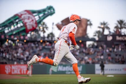 May 9, 2023; San Francisco, California, USA; San Francisco Giants short stop Casey Schmitt (6) rounds the bases after hitting a home run in his major league debut against the Washington Nationals at Oracle Park. Mandatory Credit: Ed Szczepanski-USA TODAY Sports