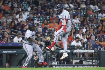 May 29, 2023; Houston, Texas, USA; Minnesota Twins catcher Ryan Jeffers (27) celebrates with third base coach/outfield coach Tommy Watkins (40) after hitting a home run during the tenth inning against the Houston Astros at Minute Maid Park. Mandatory Credit: Troy Taormina-USA TODAY Sports
