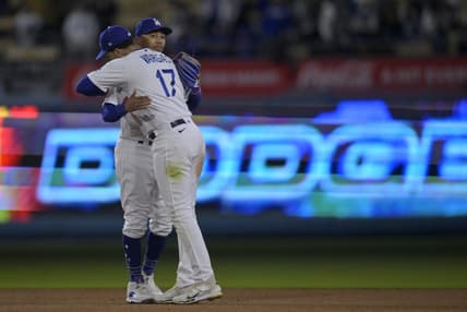 May 29, 2023; Los Angeles, California, USA;  Los Angeles Dodgers right fielder Mookie Betts (50) and second baseman Miguel Vargas (17) embrace after the final out of the ninth inning defeating the Washington Nationals at Dodger Stadium. Mandatory Credit: Jayne Kamin-Oncea-USA TODAY Sports
