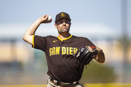 Mar 15, 2022; Peoria, AZ, USA; San Diego Padres pitcher Matt Waldron during spring training workouts at the San Diego Padres Spring Training Complex. Mandatory Credit: Mark J. Rebilas-USA TODAY Sports