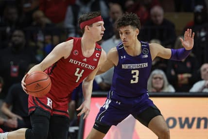 Mar 5, 2023; Piscataway, New Jersey, USA; Rutgers Scarlet Knights guard Paul Mulcahy (4) dribbles as Northwestern Wildcats guard Ty Berry (3) defends during the first half at Jersey Mike's Arena. Mandatory Credit: Vincent Carchietta-USA TODAY Sports