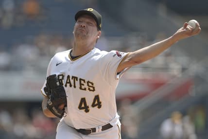 Jun 4, 2023; Pittsburgh, Pennsylvania, USA; Pittsburgh Pirates starting pitcher Rich Hill (44) throws a pitch in the first inning against the St. Louis Cardinals at PNC Park. Mandatory Credit: Charles LeClaire-USA TODAY Sports