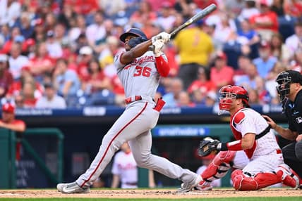 Jun 30, 2023; Philadelphia, Pennsylvania, USA; Washington Nationals outfielder Stone Garrett (36) hits a two-run home run against the Philadelphia Phillies in the second inning at Citizens Bank Park. Mandatory Credit: Kyle Ross-USA TODAY Sports