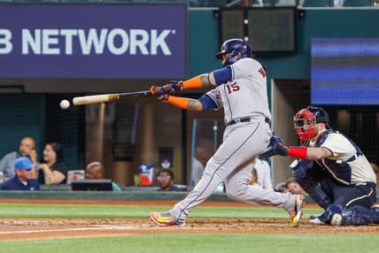Jun 30, 2023; Arlington, Texas, USA; Houston Astros catcher Martin Maldonado (15) lines out during the third inning against the Texas Rangers at Globe Life Field. Mandatory Credit: Andrew Dieb-USA TODAY Sports