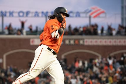 Jul 7, 2023; San Francisco, California, USA; San Francisco Giants shortstop Brandon Crawford (35) blows a kiss to his team mates in the dugout after hitting a home run during the sixth inning against the Colorado Rockies at Oracle Park. Mandatory Credit: Ed Szczepanski-USA TODAY Sports