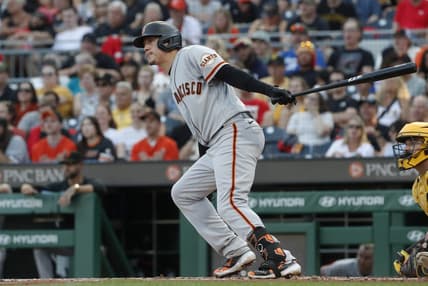 Jul 14, 2023; Pittsburgh, Pennsylvania, USA; San Francisco Giants first baseman Wilmer Flores (41) hits a single against the Pittsburgh Pirates during the third inning at PNC Park. Mandatory Credit: Charles LeClaire-USA TODAY Sports