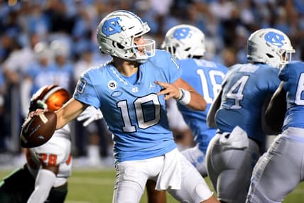 Aug 27, 2022; Chapel Hill, North Carolina, USA; North Carolina Tar Heels quarterback Drake Maye (10) throws the ball against the Florida A&M Rattlers during the second half at Kenan Memorial Stadium. Mandatory Credit: Rob Kinnan-USA TODAY Sports
