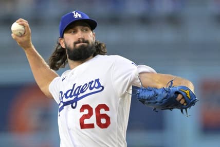 Aug 2, 2023; Los Angeles, California, USA;  Los Angeles Dodgers starting pitcher Tony Gonsolin (26) throws to the plate in the second inning against the Oakland Athletics at Dodger Stadium. Mandatory Credit: Jayne Kamin-Oncea-USA TODAY Sports