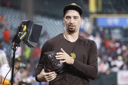 Sep 10, 2023; Houston, Texas, USA; San Diego Padres starting pitcher Blake Snell (4) walks to the dugout before the game against the Houston Astros at Minute Maid Park. Mandatory Credit: Troy Taormina-USA TODAY Sports