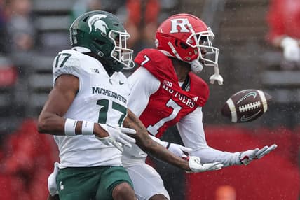Oct 14, 2023; Piscataway, New Jersey, USA; Michigan State Spartans linebacker Aaron Brule (7) breaks up a pass intended for Michigan State Spartans wide receiver Tre Mosley (17) during the first half at SHI Stadium. Mandatory Credit: Vincent Carchietta-USA TODAY Sports